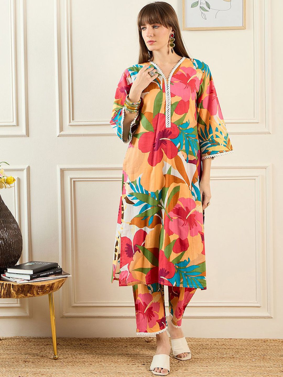 Indo Era Floral Printed V-Neck Pure Cotton Tunic With Trouser