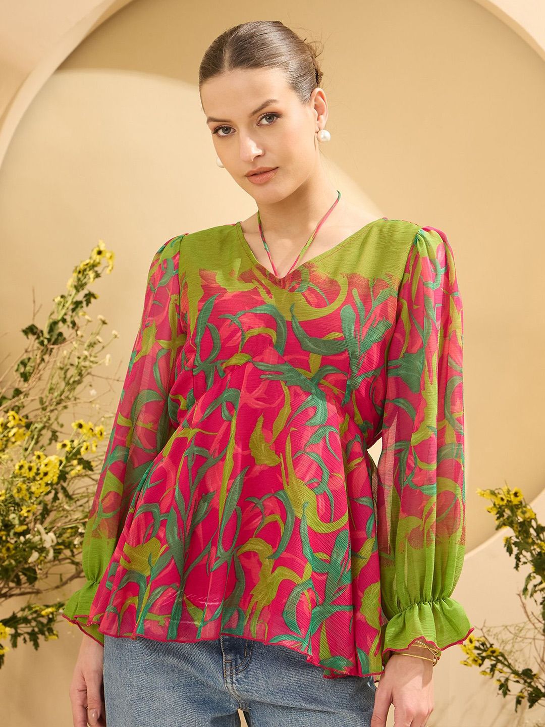 Antheaa Women Printed Puff Sleeves Empire Top