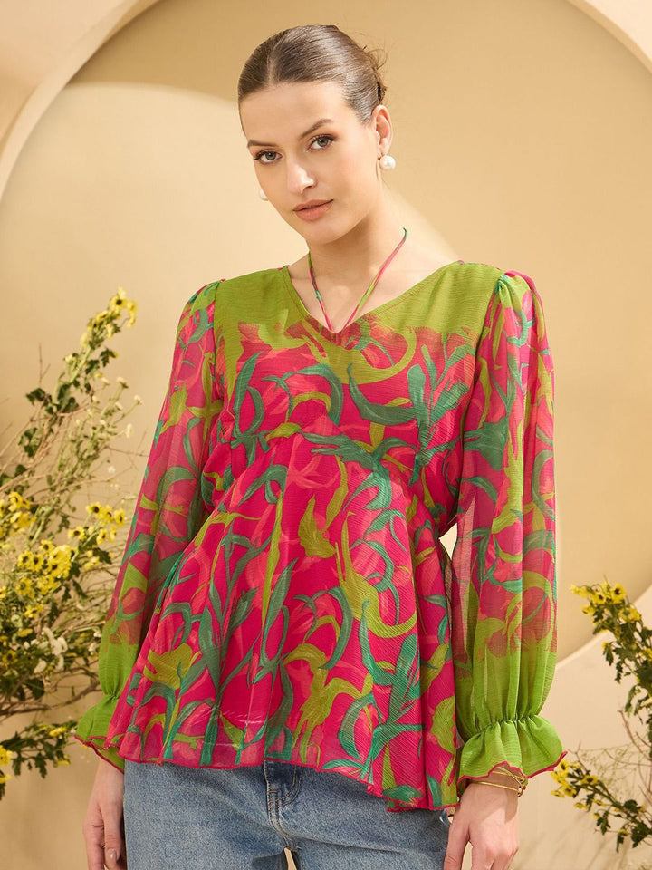 Antheaa Women Printed Puff Sleeves Empire Top