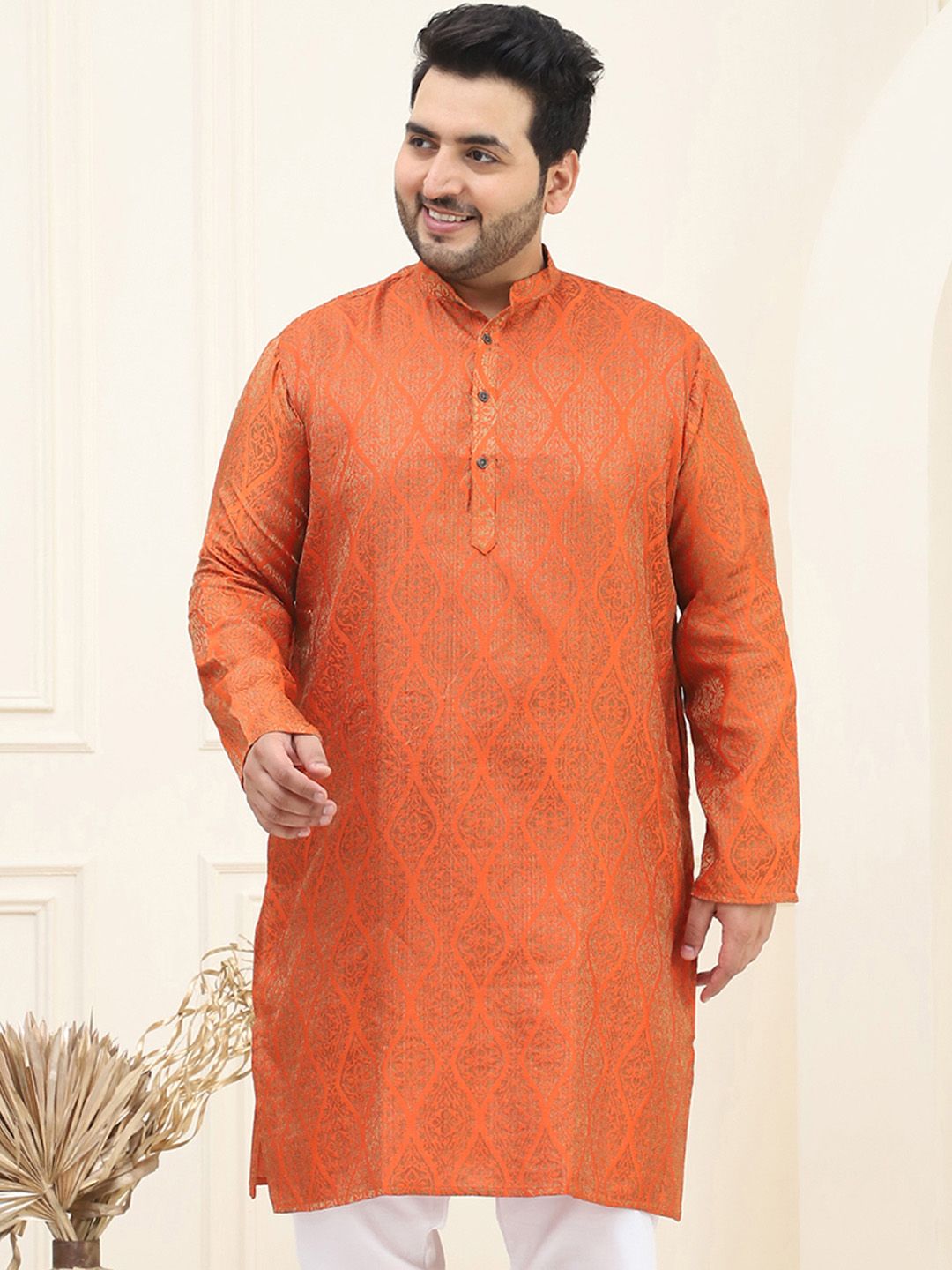 SOJANYA Plus Ethnic Motifs Woven Design Mandarin Collar Long Sleeves Straight Kurta