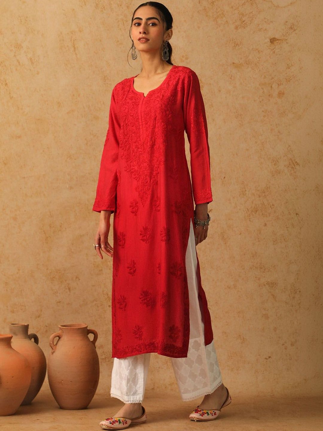 Rumah Wanita Chikankari Sulam Kurta Sutera Chanderi Chikankari