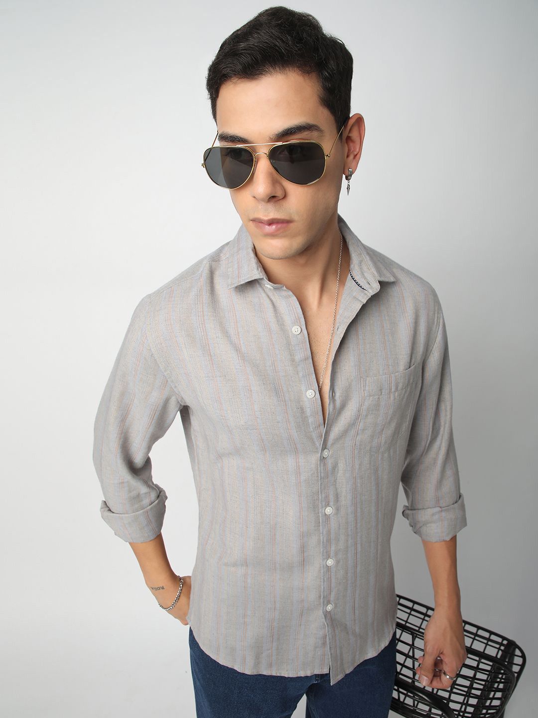 VASTRADO Men Classic Cutaway Collar Multi Striped Cotton Slim Fit Casual Shirt