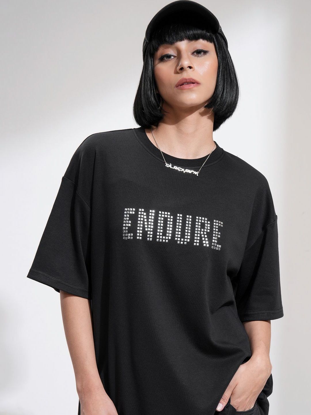 Street By Tokyo Talkies Women Solid Oversized Front Embellished T-Shirt