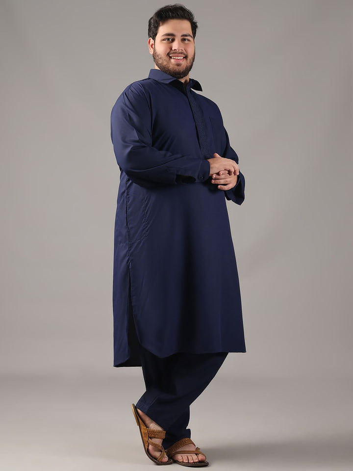 SOJANYA PLUS Plus Size Men Shirt Collar Thread Work Straight Kurta With Salwar