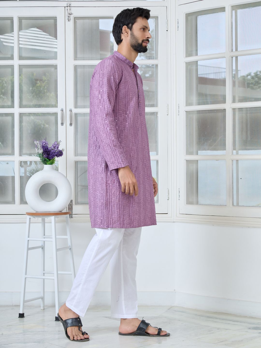 See Designs Floral Embroidered Mandarin Collar Thread Work Straight Kurta