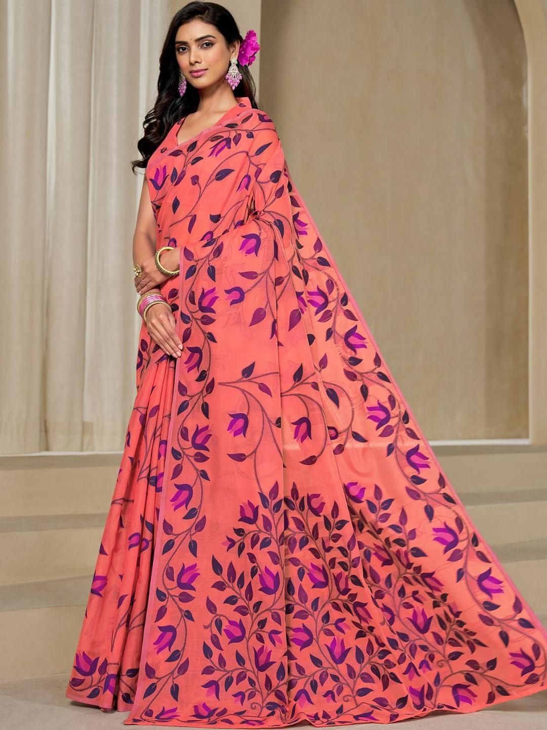 KALINI Orange Pure Cotton Woven Design Sarees