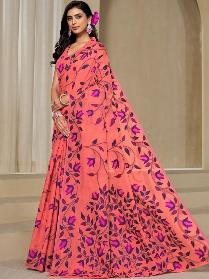 KALINI Orange Pure Cotton Woven Design Sarees