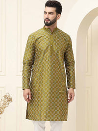 SOJANYA Geometric Embroidered Band Collar Long Sleeves Silk Straight Kurta
