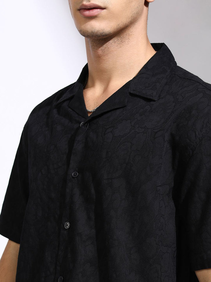 HIGHLANDER Men Jacquard Textured Cuban Collar Relaxed Shirt