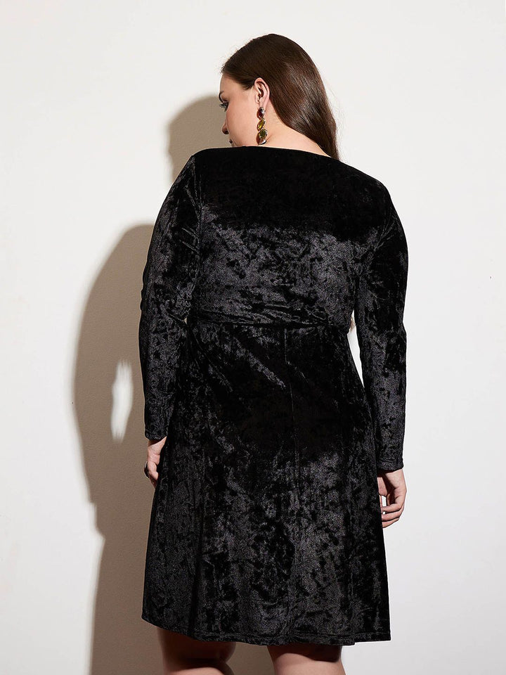SASSAFRAS Curve Women Square Neck Embellished Velvet Fit & Flare Dress