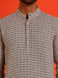 Jompers Checked Band Collar Long Roll-Up Sleeves Straight Kurta