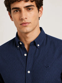 ADRO Men Navy Blue Mini Checked Regular Fit Casual Cotton Shirt