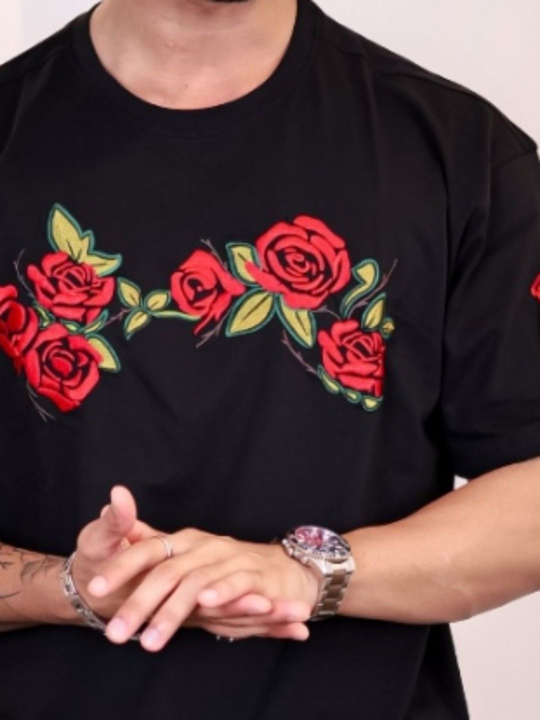 Eszett Lelaki Floral Printed Leher Bulat Kapas Bersaiz Besar T-shirt