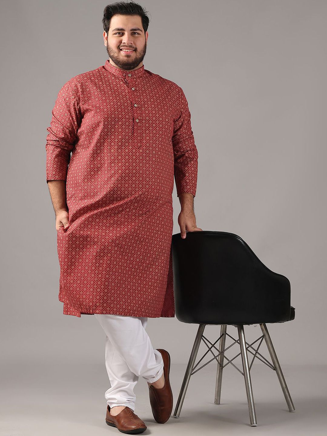 SOJANYA PLUS Size Floral Foil Printed Band Collar Cotton Linen Kurta Lurus