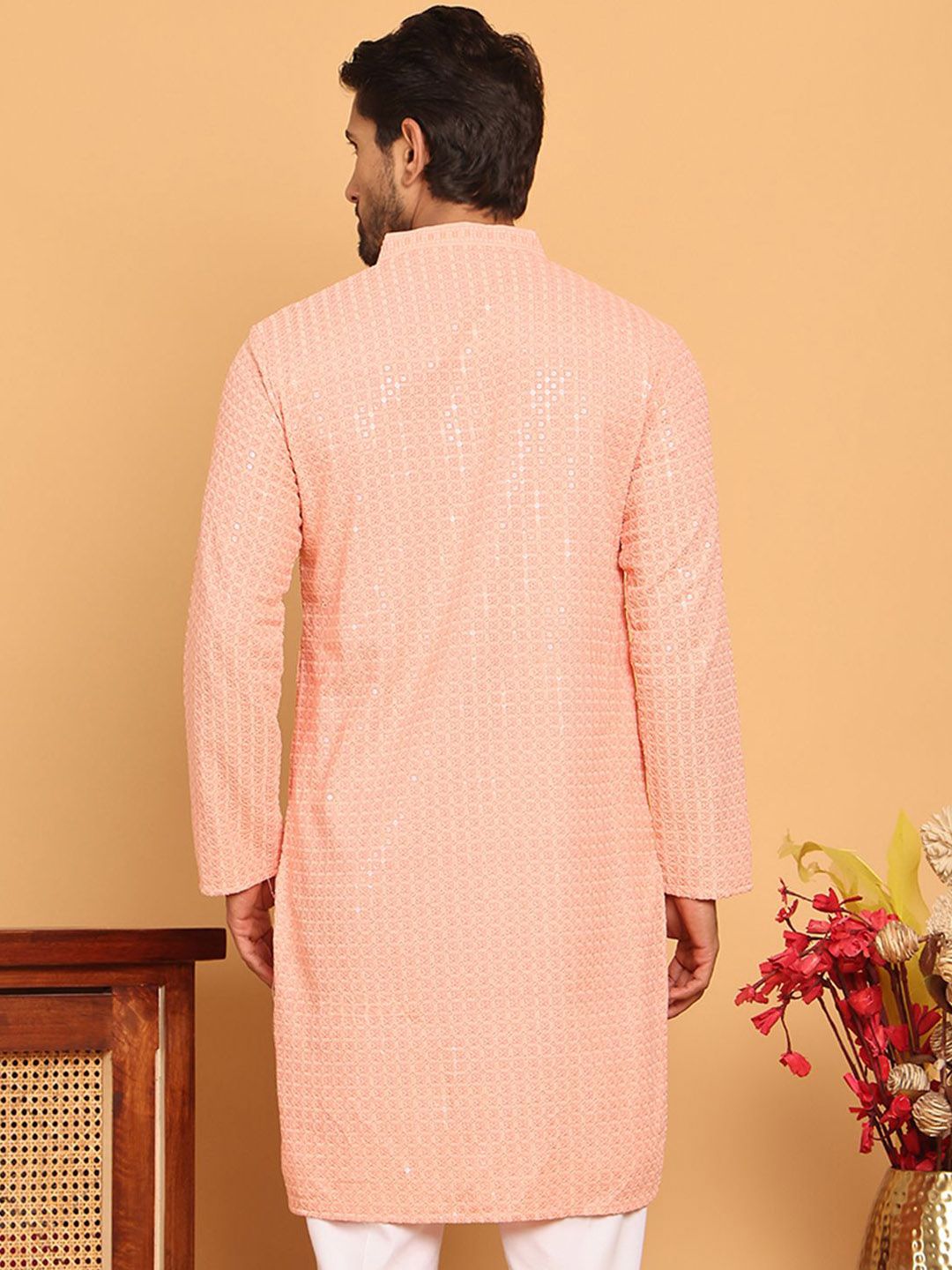 Jompers Geometric Embroidered Mandarin Collar Sequinned Straight Kurta