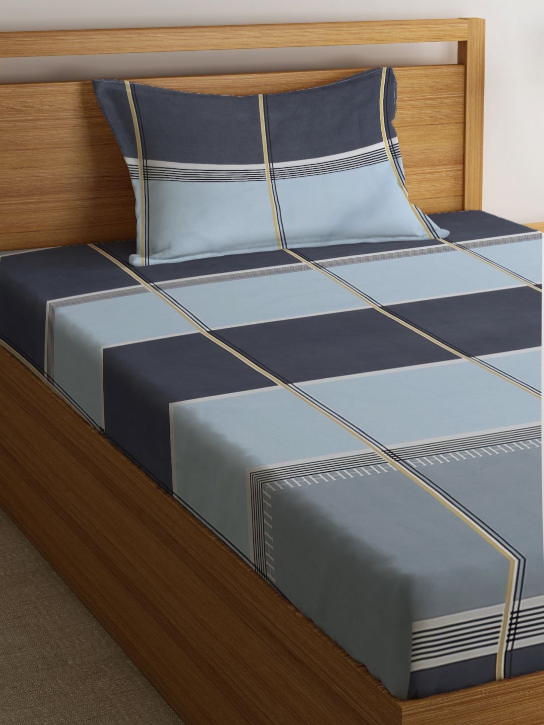 Myntra Elegant Homes Blue Checked Polycotton Breathable 300 TC Dilengkapi Cadar Single Halus dengan Sarung Bantal-59 x 87 inci