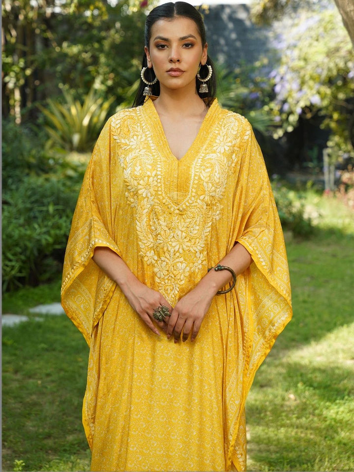 House of Chikankari Women Printed Chikankari Crepe Kaftan Kurta