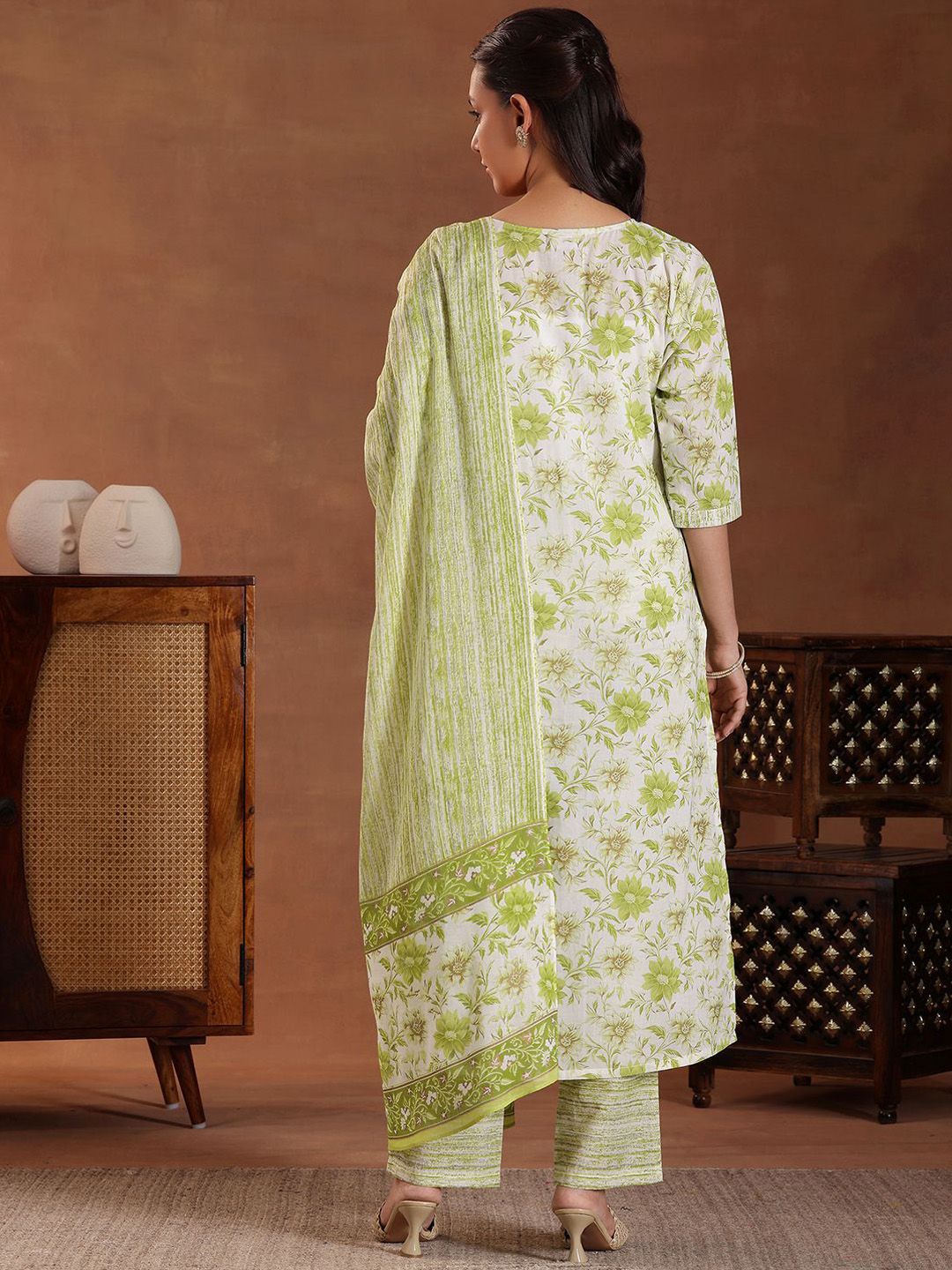 Libas Floral Printed Pure Cotton Straight Kurta With Trousers & Dupatta
