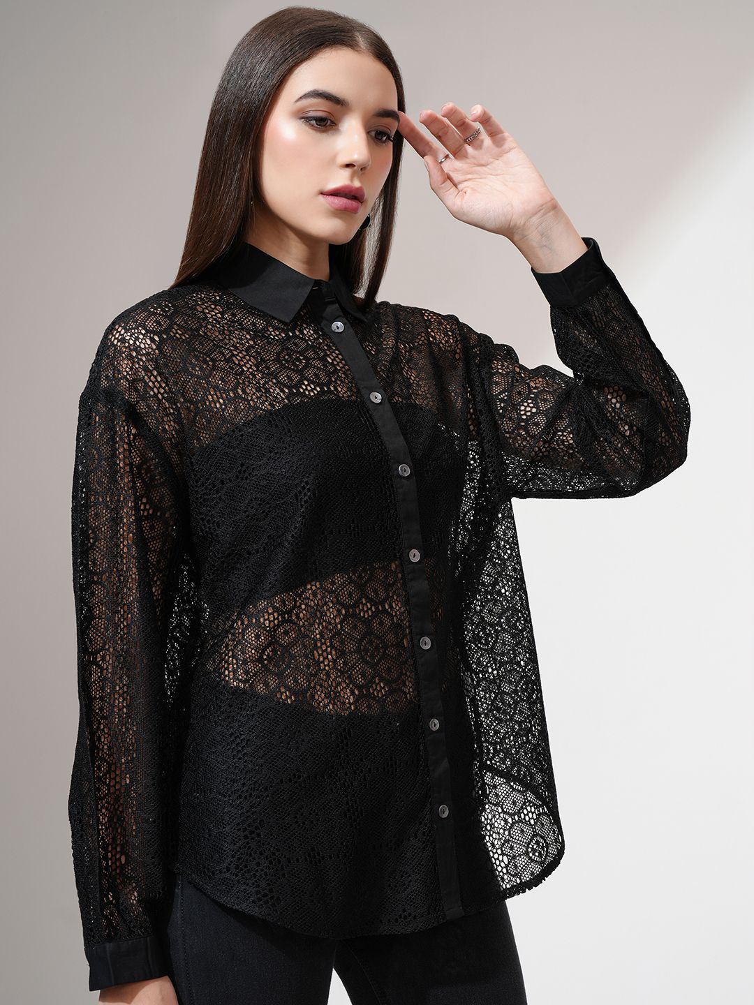Tokyo Talkies Women Relaxed Fit Drop Shoulder Lace Shirt
