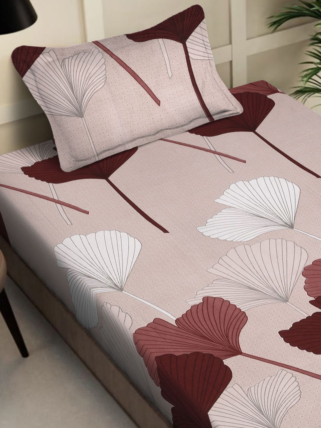 Myntra Elegant Homes Pink Leaf Polycotton 300 TC Single Fine Bedsheet with a Pillow Cover-89 x 59 inches
