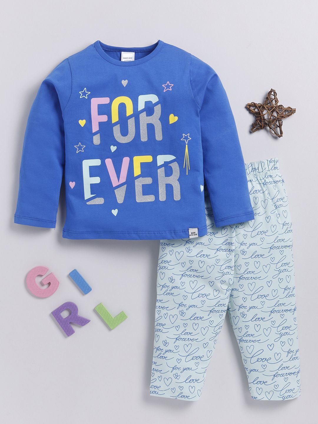 Moms Love Girls Printed Pure Cotton T-Shirt With Trousers