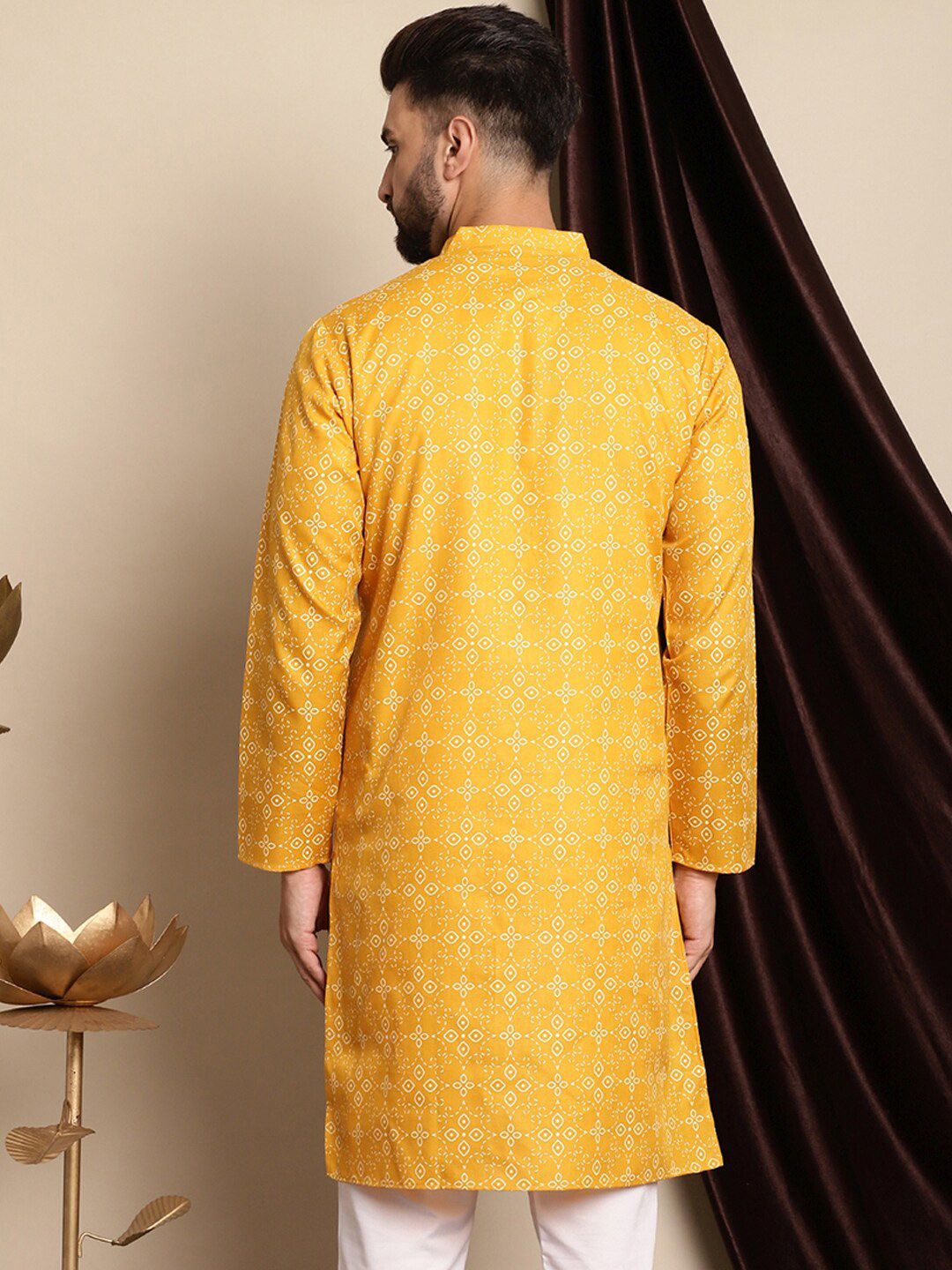 Kurta Linen Kapas Kolar Mandarin Bercetak Motif Etnik Anouk