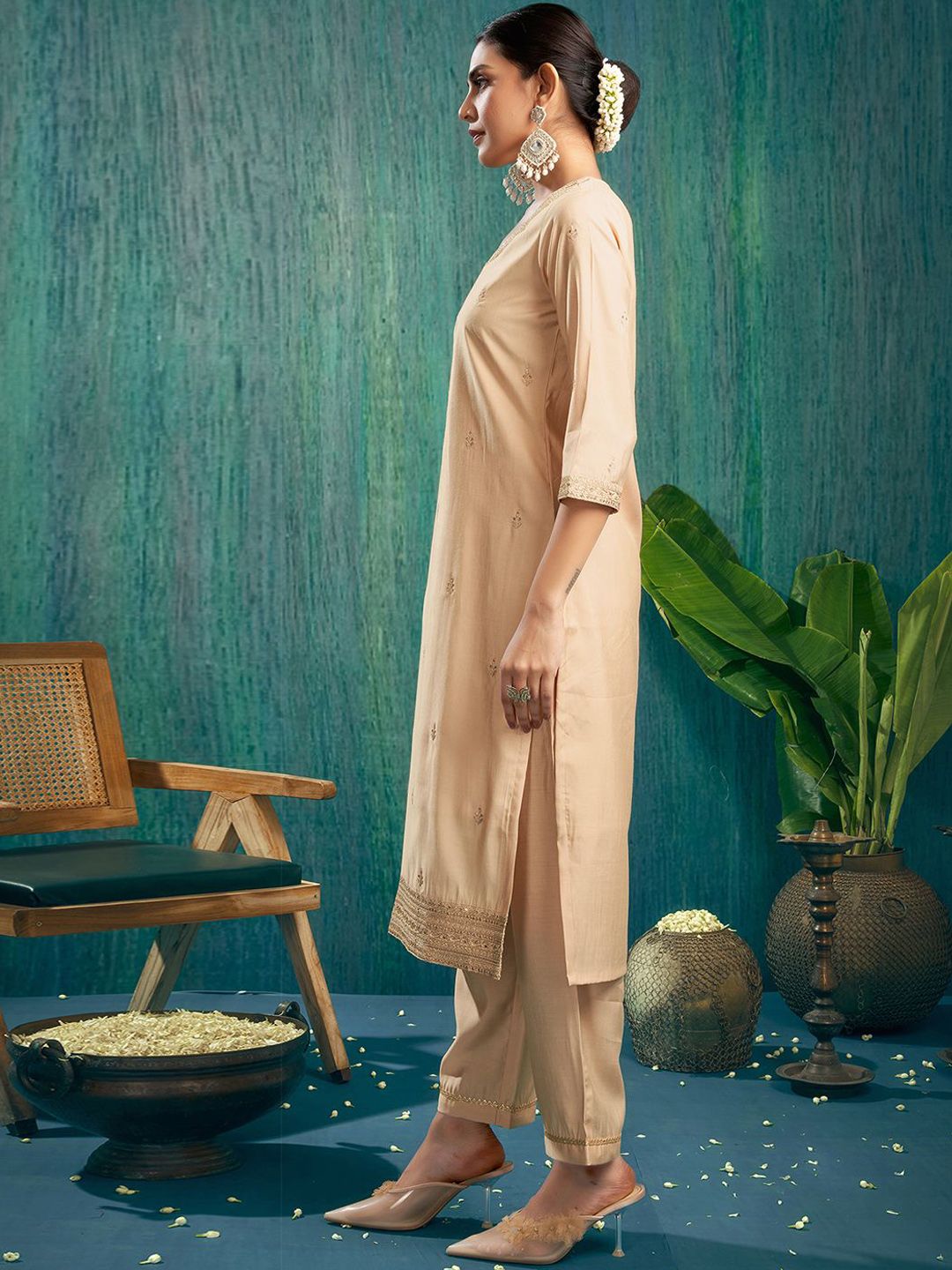KALINI Ethnic Motifs Embroidered Sequinned Chanderi Silk Kurta & Trouser & Dupatta