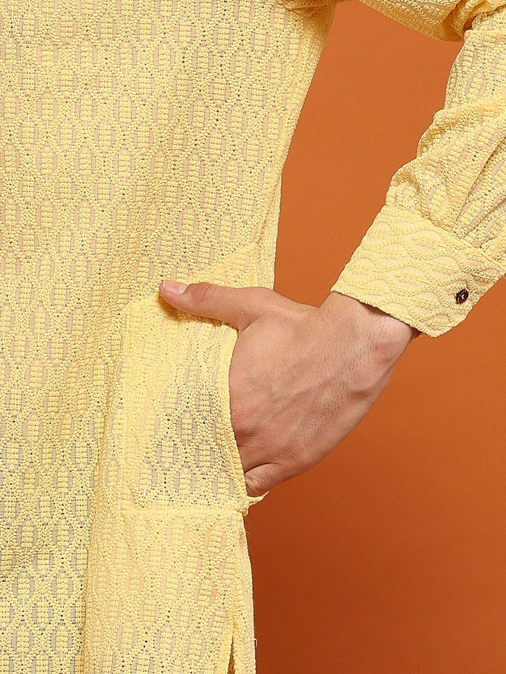 House of Chikankari Men Yellow Cotton Chikankari Embroidered Kurta