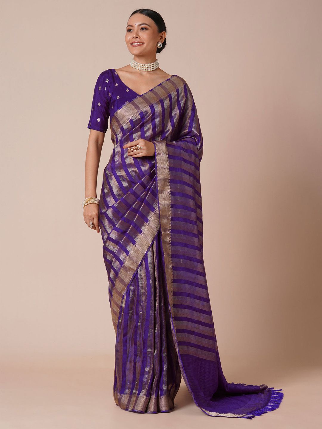 House of Pataudi Striped Woven Design Zari Banarasi Saree