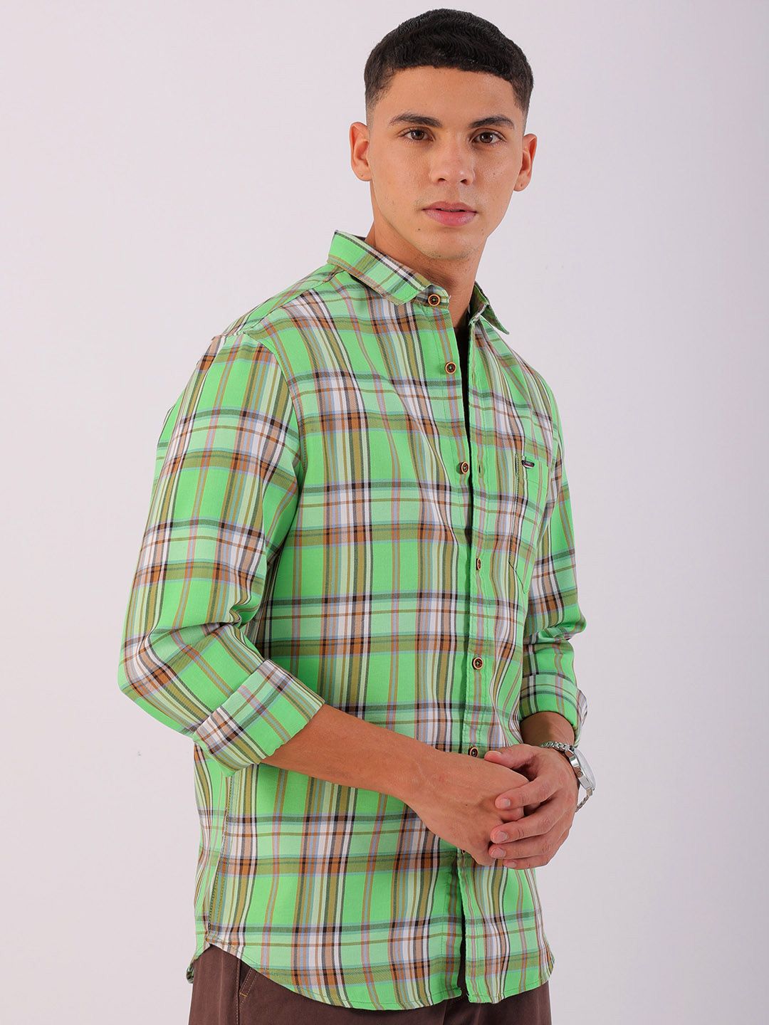 The Indian Garage Co Men Spread Collar Tartan Checks Checked Cotton Slim Fit Casual Shirt