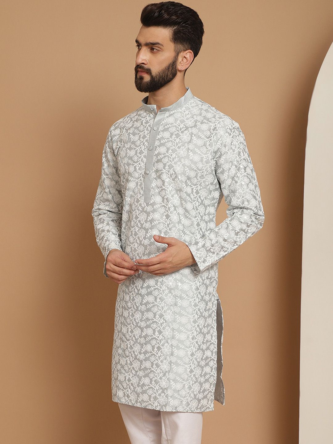 Anouk Men Grey Geometric Thread Work Pathani Kurta