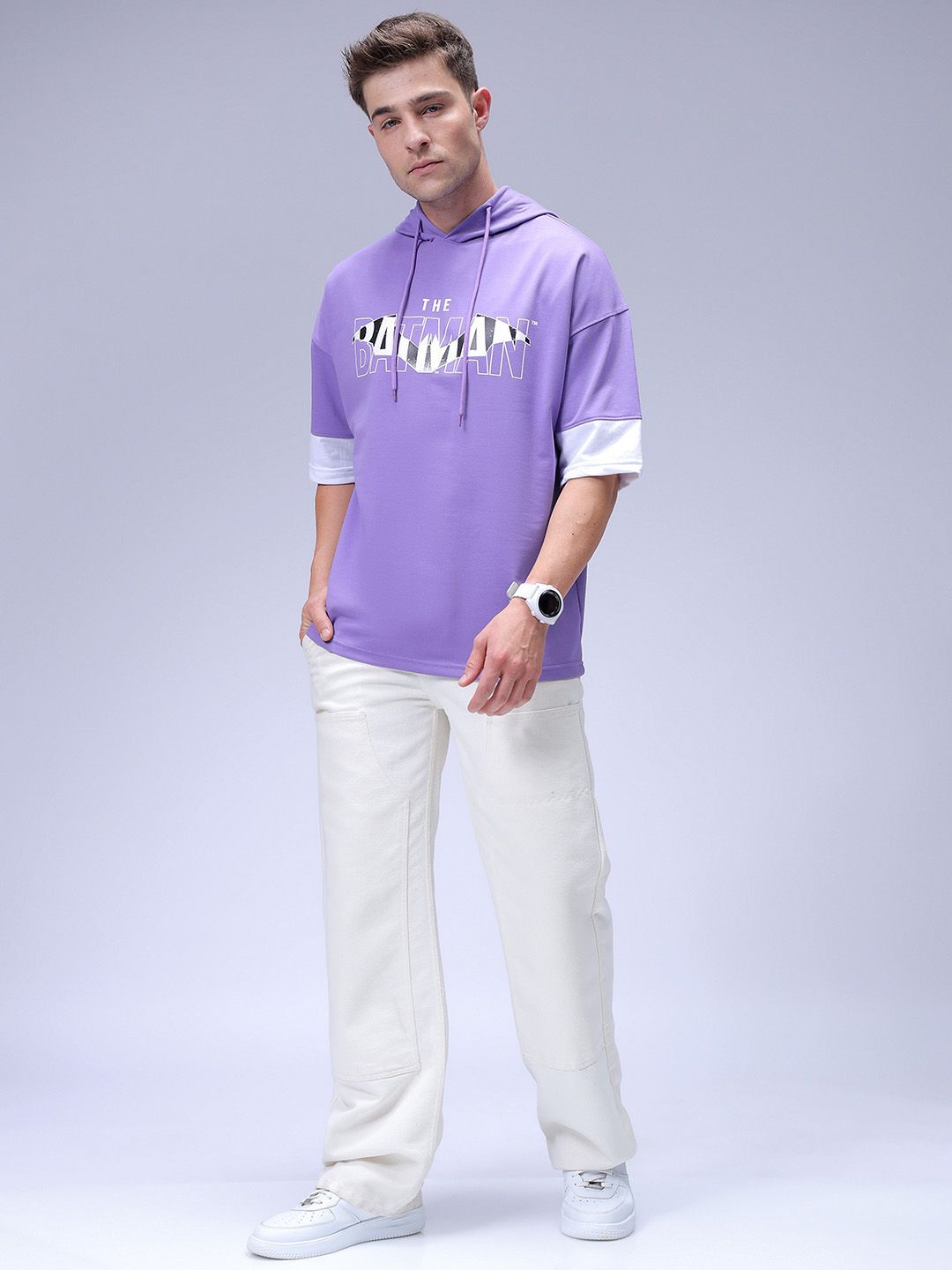 The Indian Garage Co Men Oversized Batman Printed Overhead Hooded Sweatshirt