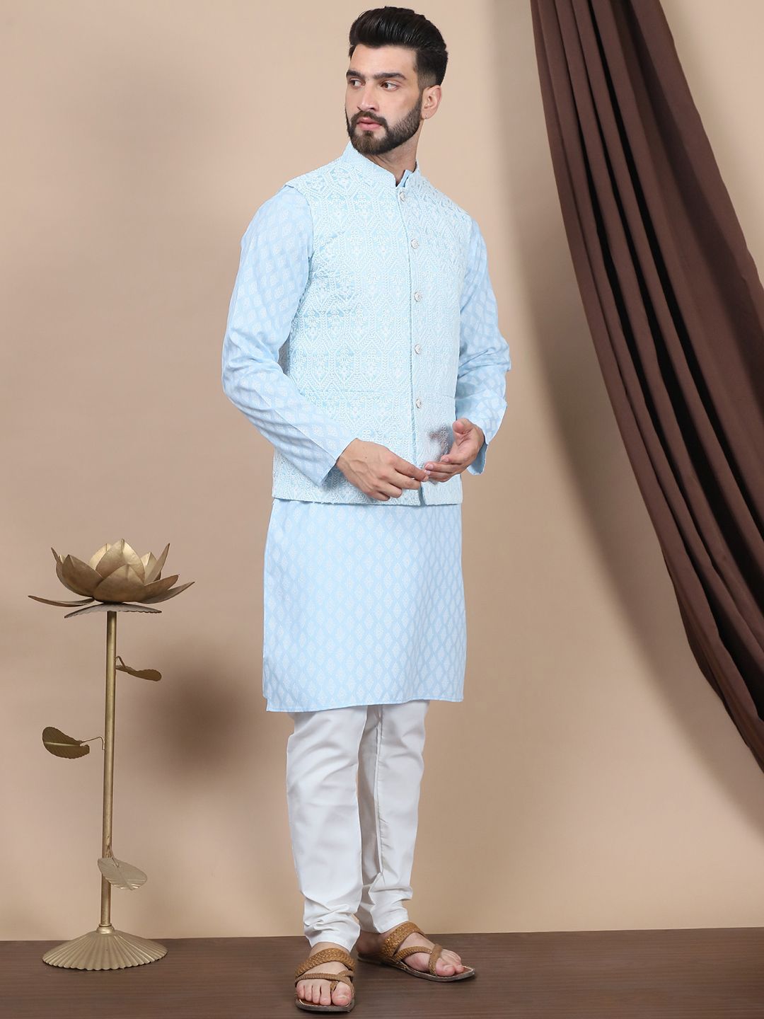 Anouk Floral Printed Regular Pure Cotton Straight Kurta With Churidar & Nehru Jacket