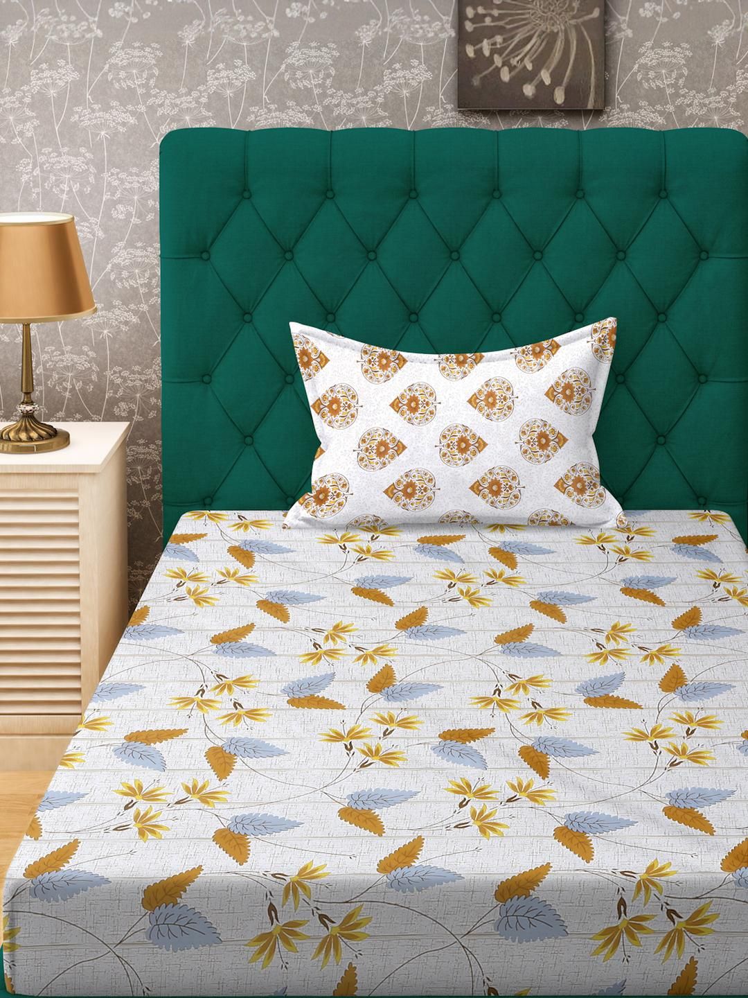 KLOTTHE Cream Floral Cotton Single Bedsheets