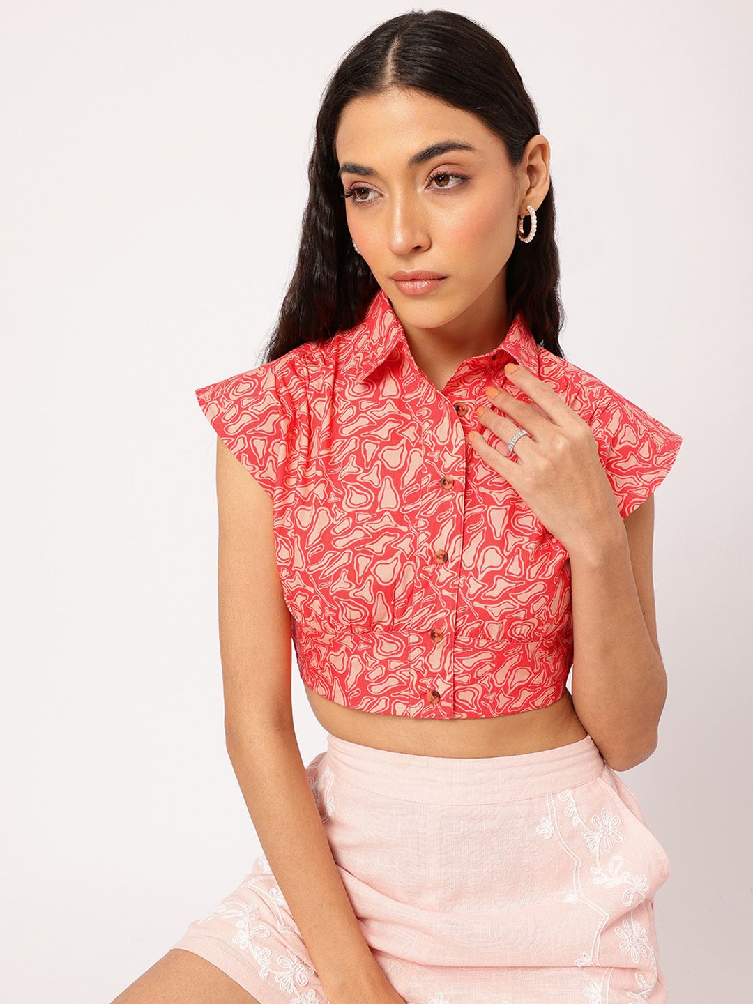 DressBerry Blush & Bold Printed Shirt Style Crop Top