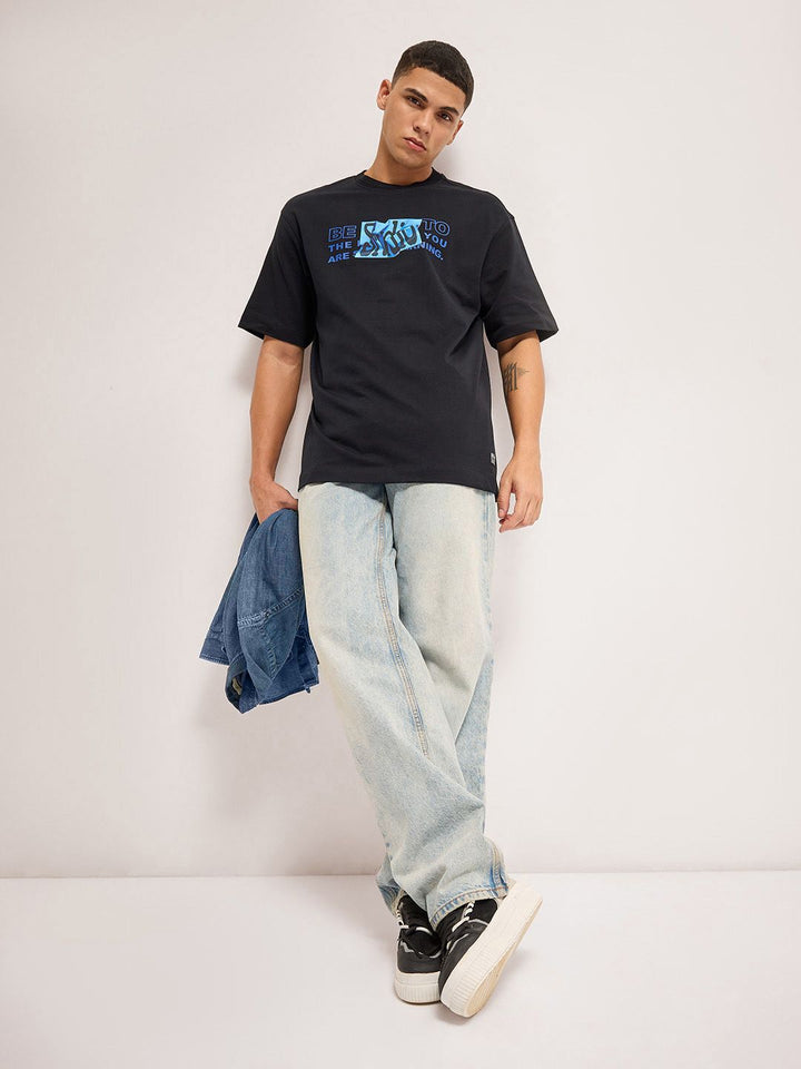THE BEAR HOUSE Men Typography Printed Round Neck Cotton Oversized T-Shirt