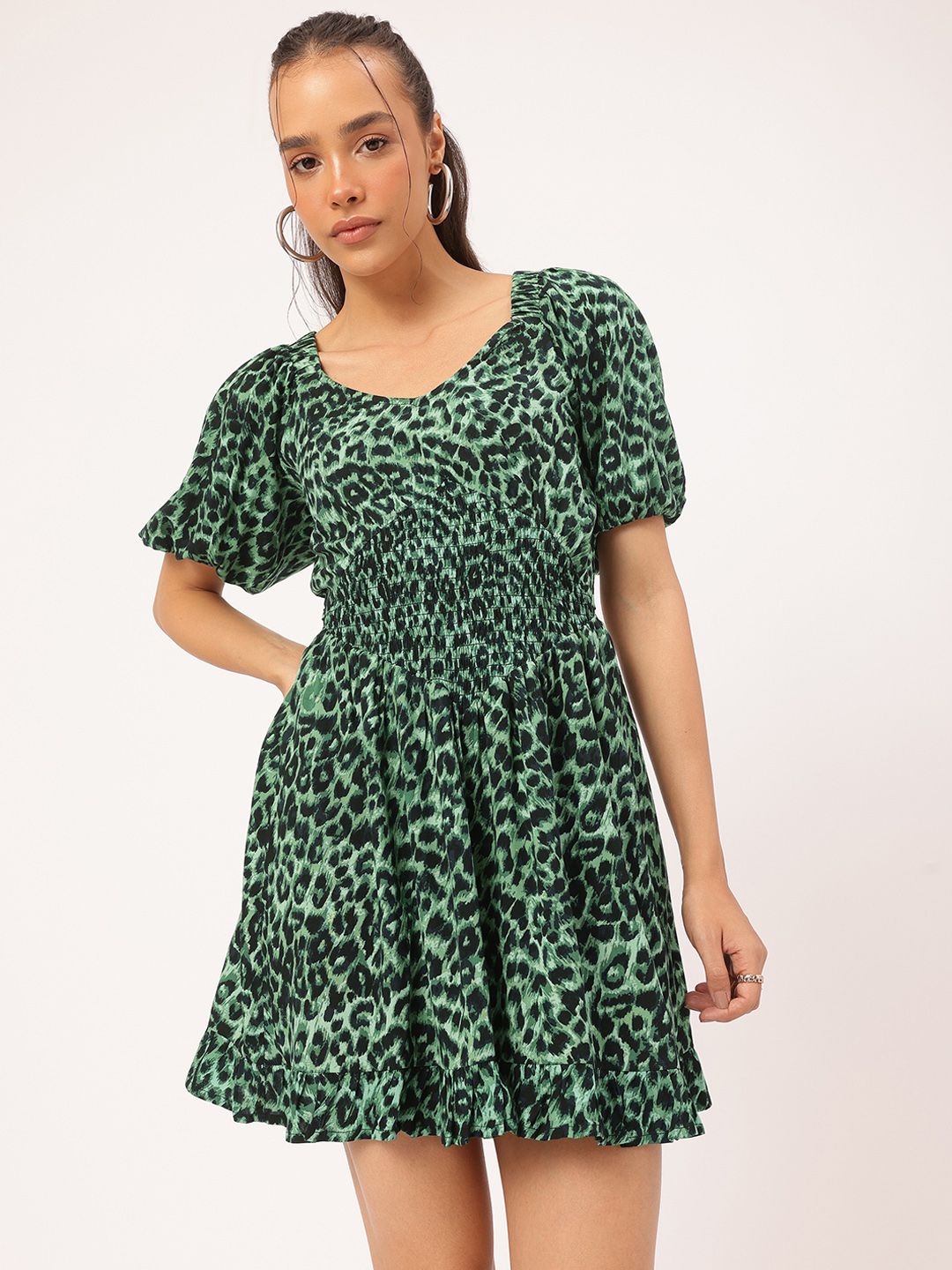 DressBerry Feminine Flair Printed Smocked  Fit & Flare Dress