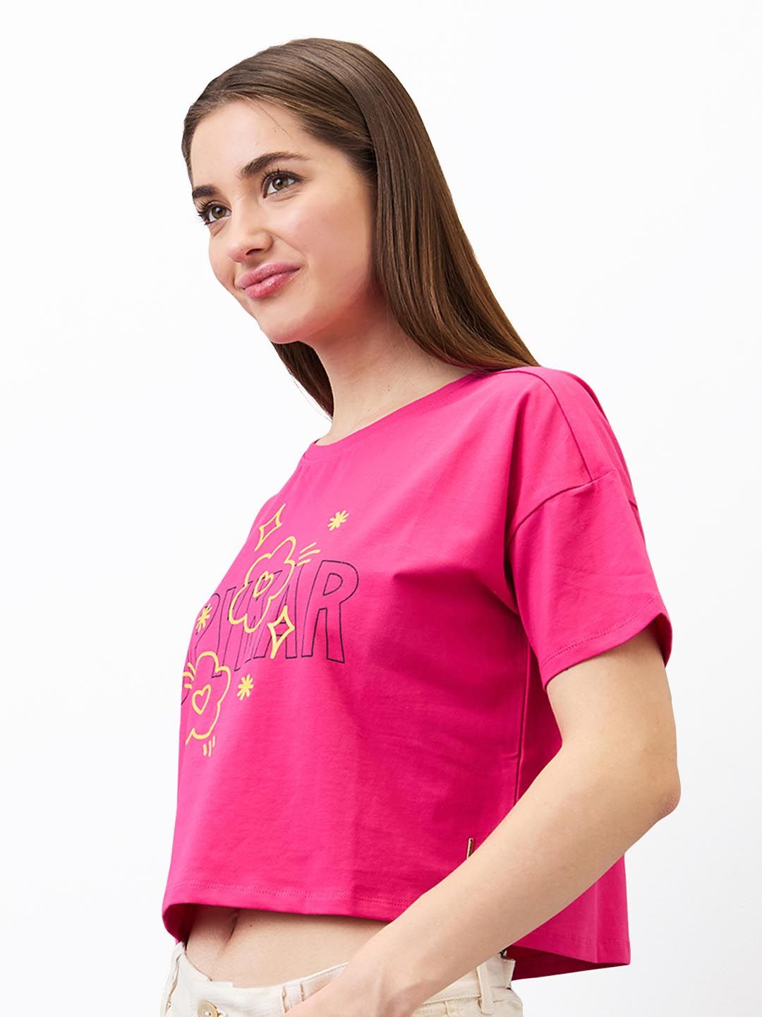 SPYKAR Women Typography Printed Round Neck Cotton Boxy T-shirt