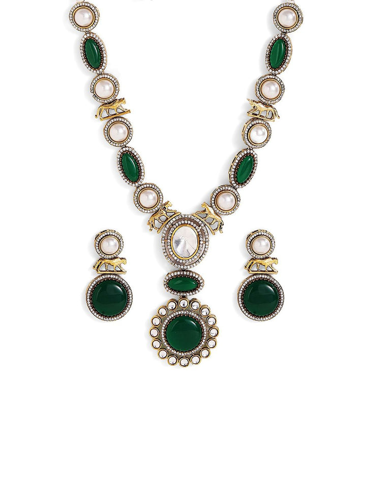 Priyaasi Gold Plated Ad Studded & Pearls Beaded Jewellery Set
