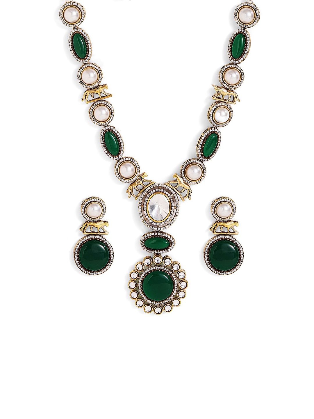 Priyaasi Gold Plated Ad Studded & Pearls Beaded Jewellery Set