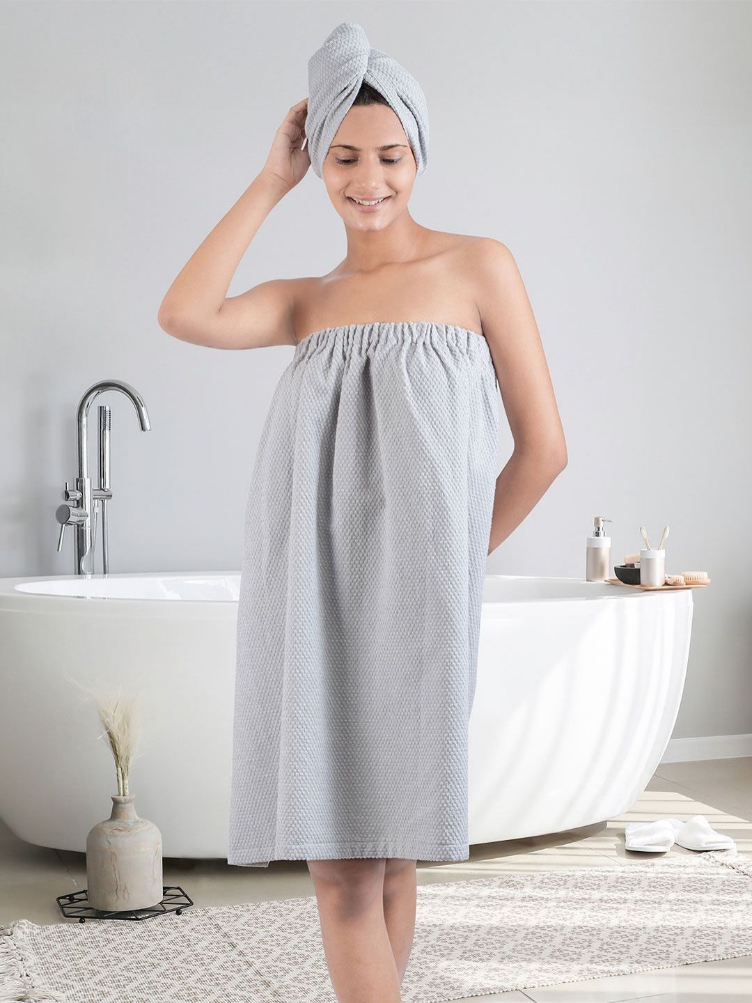 MYTRIDENT Grey Cotton Bath Robe With HeadWrap