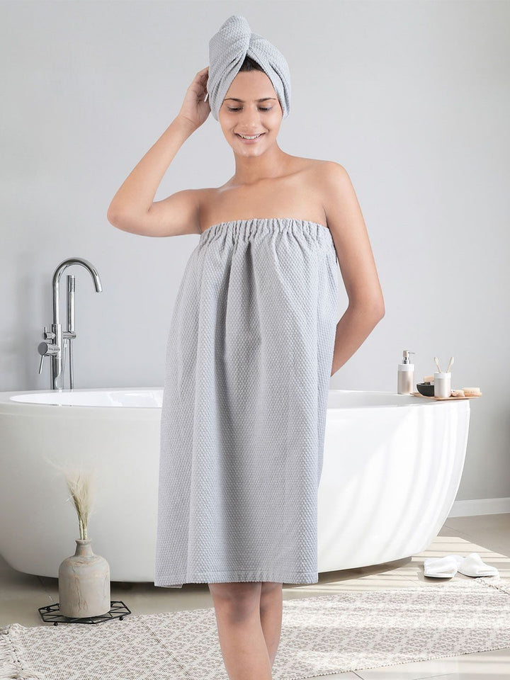 MYTRIDENT Grey Cotton Bath Robe With HeadWrap