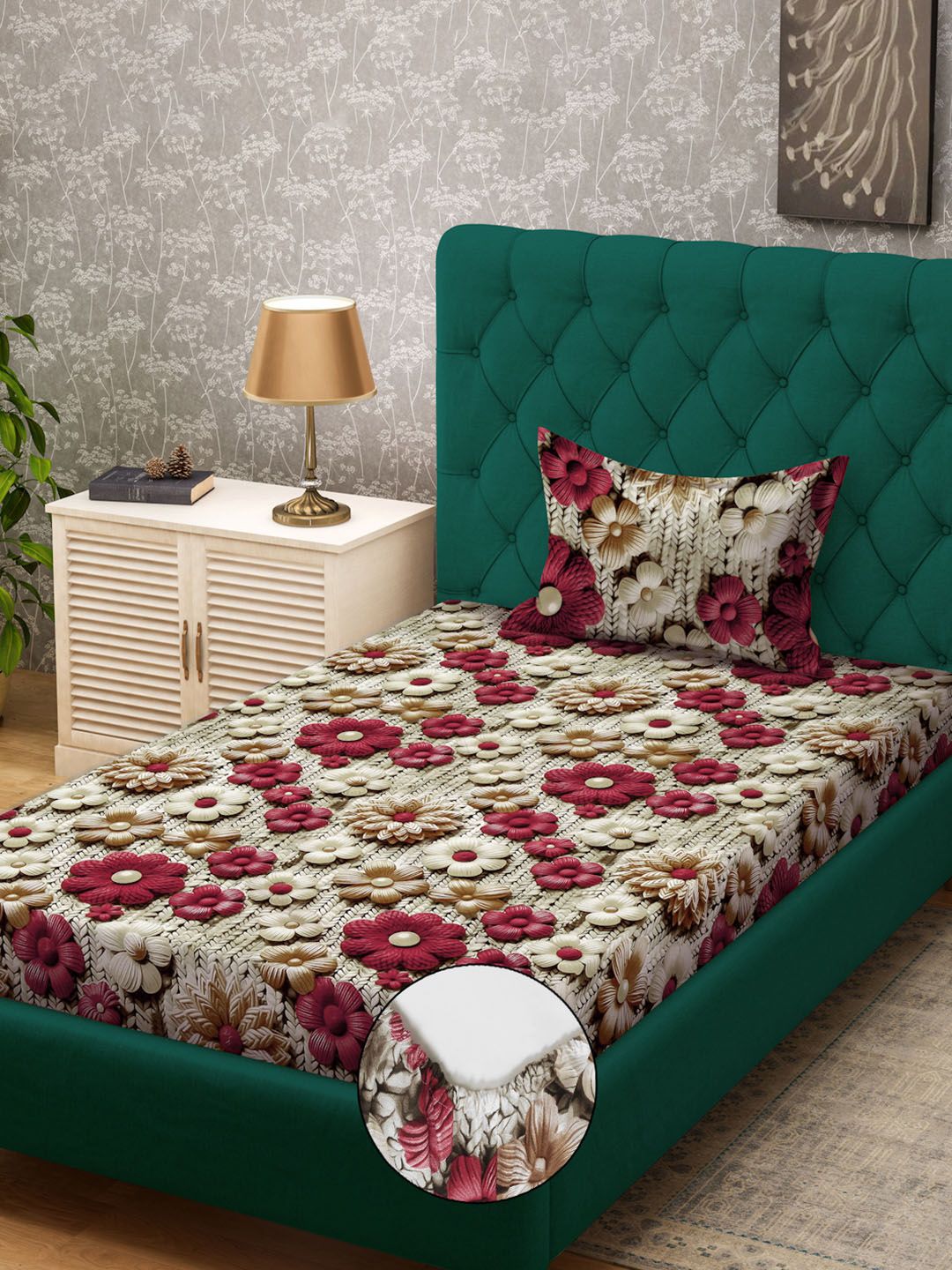 KLOTTHE Beige Floral Printed Dilengkapi 300 TC Single Cadar 7D Dengan Sarung Bantal