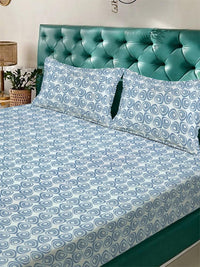 KLOTTHE Blue Geometric 300 TC King Bedsheet with 2 Pillow Covers