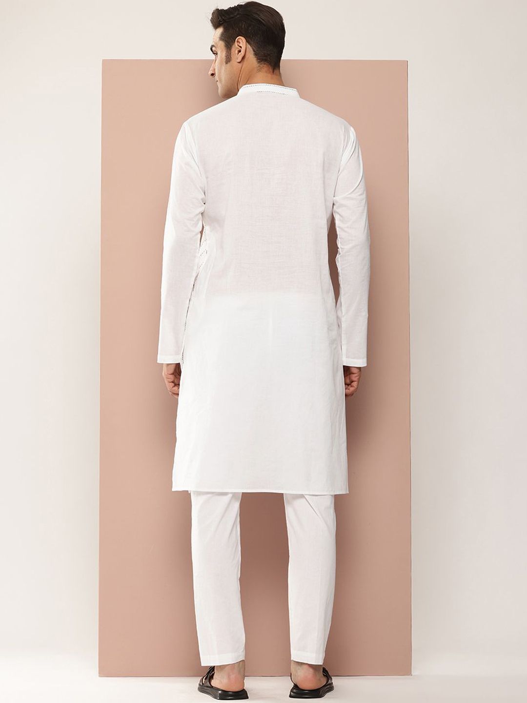 See Designs Mandarin Collar Striped Embroidered Kantha Work Pure Cotton Straight Kurta