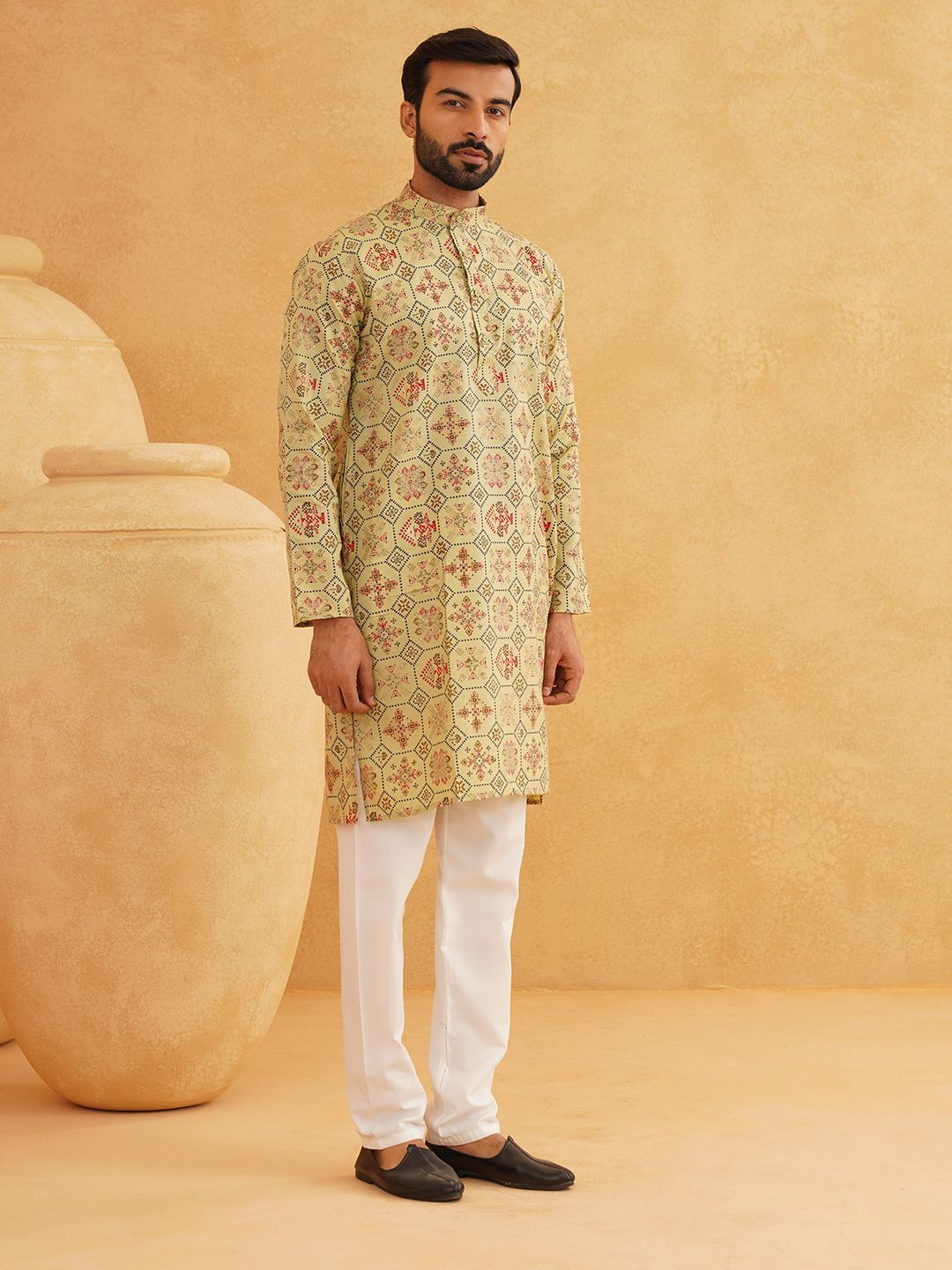 SOJANYA Ethnic Motifs Printed Band Collar Straight Kurta With Churidar