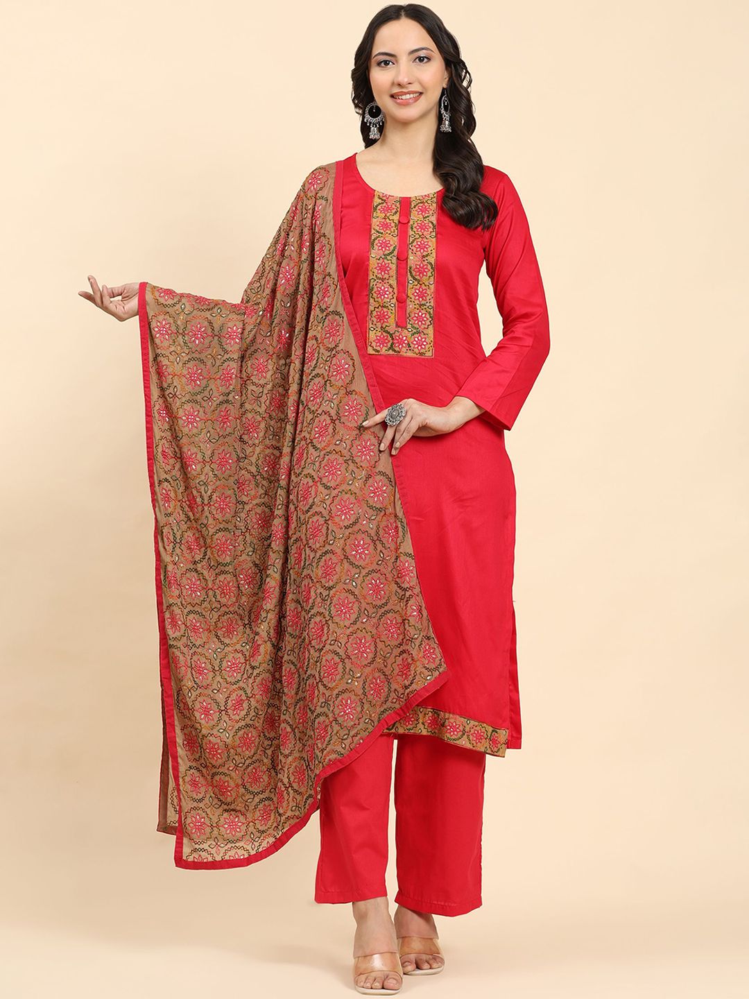 Mamicha Women Floral Embroidered Regular Pure Cotton Kurta with Palazzos & With Dupatta