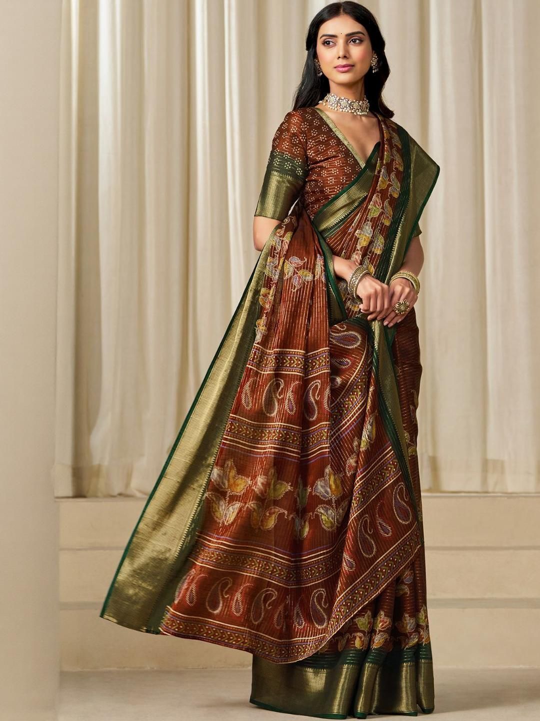 KALINI Woven Design Zardozi Silk Blend Zari Border Saree