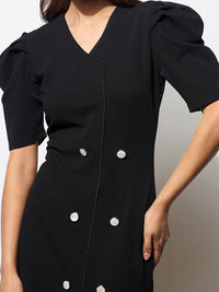 Sassafras wanita v-leher puff lengan dua butang mock placket bodycon midi gaun
