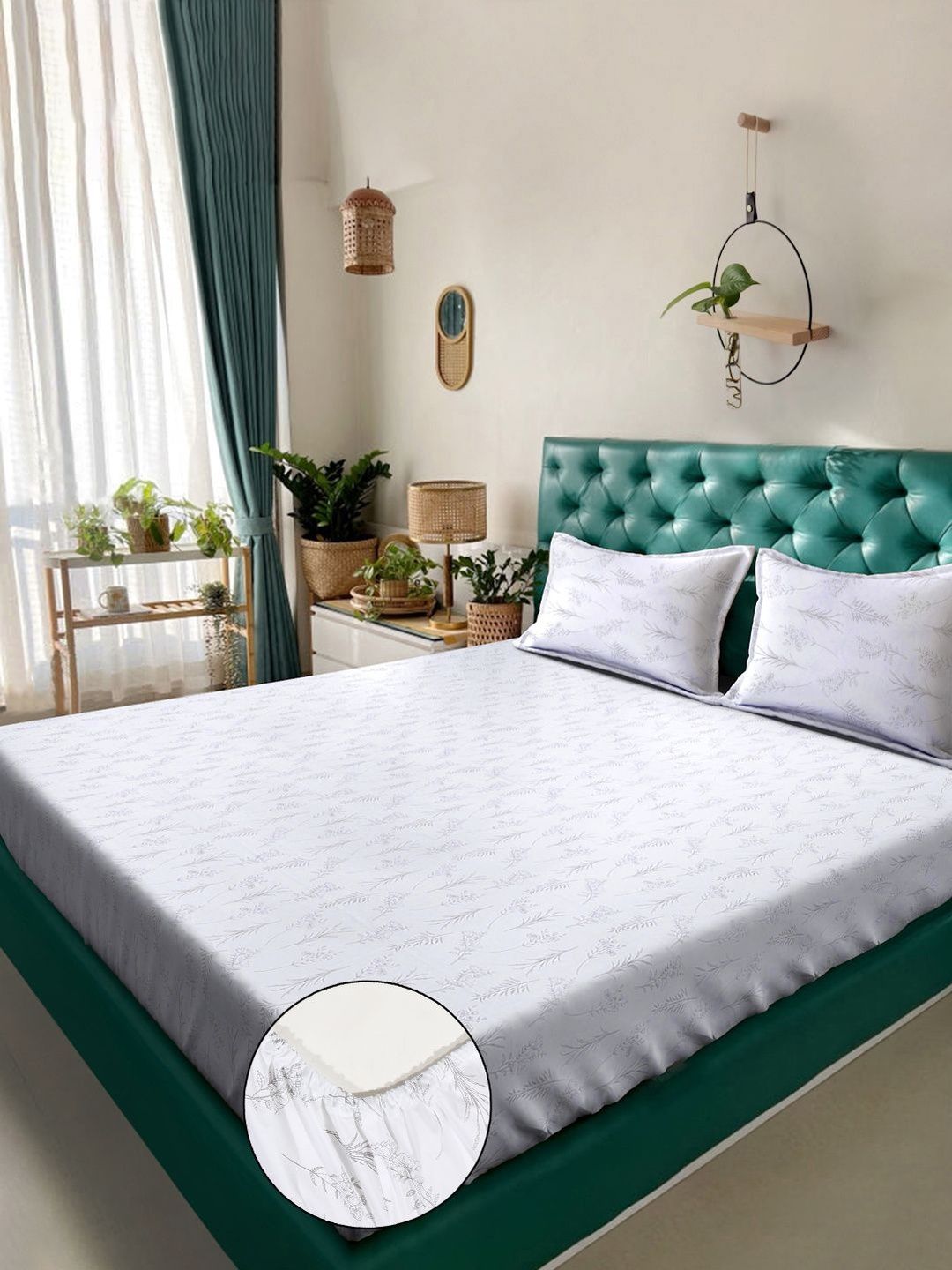 KLOTTHE White Floral Printed Dilengkapi 400 TC Cotton Super King dengan 2 Sarung Bantal